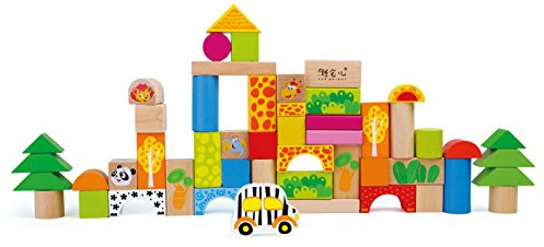 Cubetti da Costruzione Zoo in Legno Certificato FSC® 100%, Set da 50 Pezzi con Blocchi Stampati a Colori
