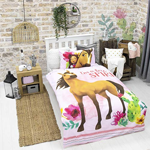 Set copripiumino singolo con motivo a cavallo di spirito ufficiale | Set di biancheria da letto reversibile per ragazze e adolescenti e federa
