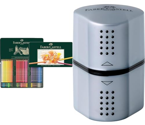Faber-Castell 110060 - Farbstifte Polychromos, 60er Metalletui & 183800 - Dosenspitzer Grip 2001, 3in1, Anspitzer mit Behälter für Blei- und Buntstifte