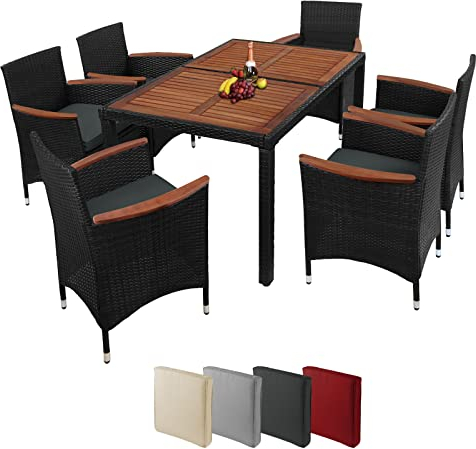 Montafox Sitzgruppe 6 Personen Poly Rattan Sitzgarnitur Akazienholz Tisch 130 x 90cm Sitzkissen 6cm Terrasse Garten Essgruppe Schwarz Gartenmöbel Set, Farbe:Titan-Schwarz/Nachtschwärmergrau