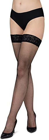 LORES Medias autoadherentes de red para mujer con patrón de red de encaje, pantis altos por encima de la rodilla burlesque, Negro , M/L