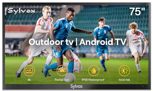 SYLVOX 75 Pouces TV Extérieur, Smart Android TV Étanche IP55, 4K UHD 1000 Nits, DVB-T2/S2/C, HBBTV, WiFi, Google Assistant, Outdoor Téléviseur pour Pool, Jardins, Terrasse & Commercial (Deck Pro)