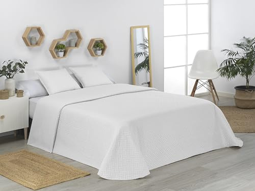 Donegal Collections - Colcha Bouti Lisa Acolchada y Reversible + 2 Cojines Cama 150/160 cm, Color Blanco. Colcha Cubrecama de Microfibra Extrasuave, Primavera Verano, Fresca, Acolchado Fino