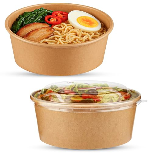 CHEF ROYALE 100x 1300ml Kraft Salad Paper Bowls with Lids -Takeaway Bowls for Hot/Cold Food - Leakproof Soup Containers - Carboard Packaging