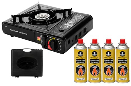 UTTAM Black Portable Camping Stove with Carry Case | Gas Camping Stove with Automatic Ignition & Heat Control (Includes 4 Butane Gas Cylinders)