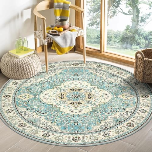 Nyescasa Runder Teppich Wohnzimmer Schlafzimmer Vintage Boho Kurzflor Teppich Weich Waschbar rutschfest Runder Teppiche für Kinderzimmer Esszimmer Outdoor, Beige Türkis, Rund 80 cm