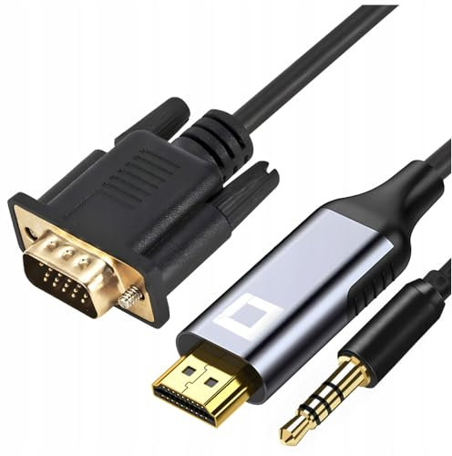 Co2 VGA D-SUB a HDMI 2K/60Hz Cable con Mini Jack de audio, Full HD 1080p, Plug&Play, chapado en oro, de un solo sentido adaptador, convertidor, compatible con monitores, aluminio gris espacial (2m)