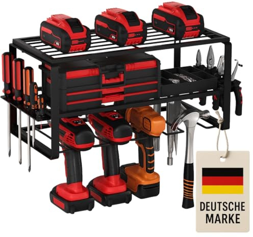 TollTool 3-stöckige Werkzeug-Wandhalterung – Wandregal zur Aufbewahrung von bis zu 4 Elektrowerkzeugen – Werkzeugspeicher für Garage, Werkstatt, Keller – robuster Werkzeug-Organizer aus Metall