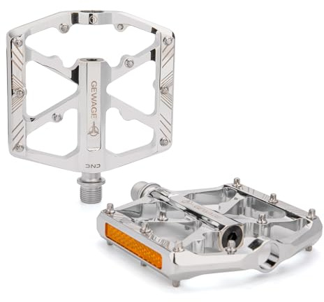 GEWAGE Cykelpedaler med Reflexer – Halkfria MTB-pedaler i CNC-aluminium, 3 Förseglade Lager, 9/16” Plattformpedaler för MTB, Landsväg & E-Bike (Brilliant Silver)