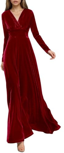 Foweknow Robe de soirée pour femme - En velours doré - Élégante couleur unie - Col en V - Manches longues - Coupe trapèze - Robe de bal - Robe patineuse - Longueur au sol - Taille empire, rouge, L