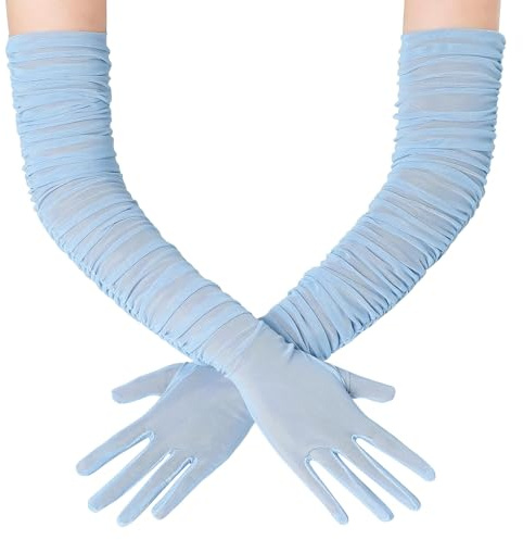 BABEYOND Women's Long Opera Gloves - Soft Stretchy Mesh Tulle Elegant Wedding & Evening Gloves for Vintage, Prom, Cocktail Party，Carnivals and Christmas Celebrations LightBlue