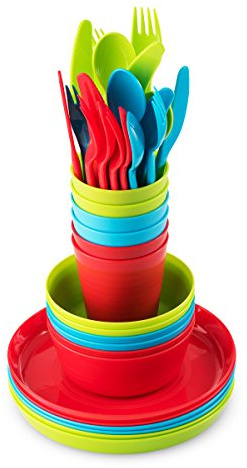 PLASKIDY Kids Plastic Dinnerware Set - 36 Pc Reusable Children's Dinner Set Microwave / Dishwasher Safe BPA Free Toddler Dishes Dinnerware Set Includes Kids Plates and Bowls Kids Cups & Flatware.