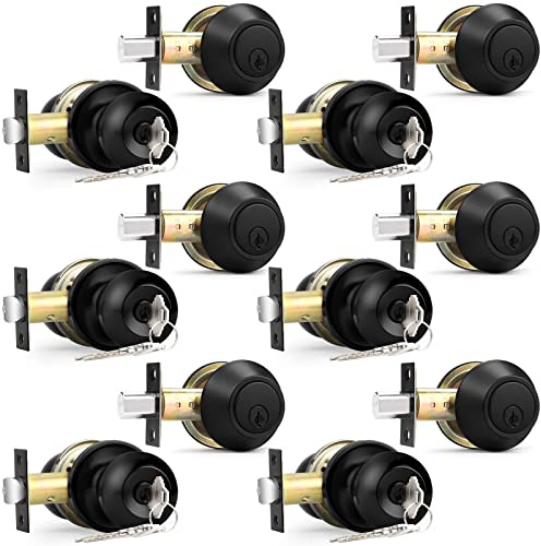 Probrico Front Door Keyed Entry Knobs and Single Cylinder Deadbolt Combo Sets, Flat Black, Keyed Alike Locksets,6 Pack
