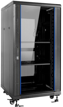 Aiten Data Armario Rack Suelo 19 22U 600 x 600 x 1175 mm Montado con Accesorios: 2 Bandejas Fijas, 4 Ventiladores 120 mm, 1 PDU con 8 Puertos de 1U, Patas, Ruedas y Llaves