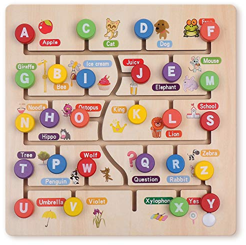 Boxiki kids Puzzle Alfabeto Legno Montessori per Bambini, Tabellone Labirinto Lettere ABC con 26 Bottoni Colorati e Illustrazioni, Gioco Educativo Prescolare 3+ Anni per Motricità Fine