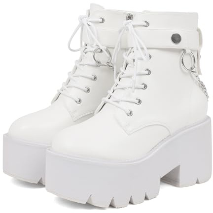 CYNLLIO White Platform Ankle Boots for Women Combat Chunky Wedge Heel Boots Rave Goth Lace Up & Zipper Booties Punk Chain Shoes for Festival Concert Cosplay Party Size 8