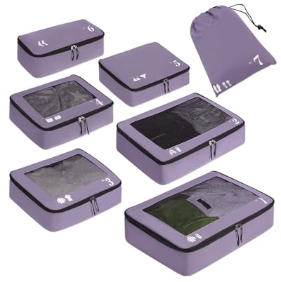ECOHUB Packing Cubes for Suitcase 7 PCS Travel Organiser Packing Bags Recycled PET Eco Friendly Travel Accessories Shoes Bags Storage Bag Luggage Organiser Pouch(Purple)