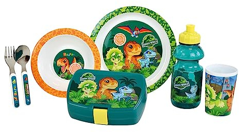 JURASSIC WORLD - Juego de vasos para niños (220 ml, asiento hueco, diámetro 16 cm, asiento de 22 cm, tapa de 13,5 cm, diámetro de 350 ml, caja de gobierno, Green-brown-gray