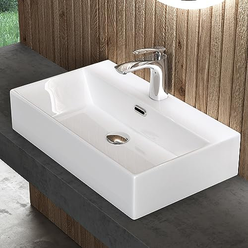 doporro lavabo sobre encimera lavabo suspendido lavabo de cerámica lavabo de mano rectangular de baño en blanco brillante 60x36x13cm Brüssel206