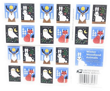 United States Postal Service Winter Woodland Animals (Booklet of 20) Forever Postage Stamps (a Deer, Fox, Rabbit, and Owl) 2023 Scott #5822-5825