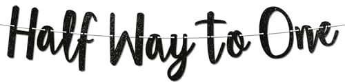 Nesinpa Half Way to One Banner, Baby's 6 Months Birthday Decorations, Black Glitter, 182.88 cm x 30.48 cm