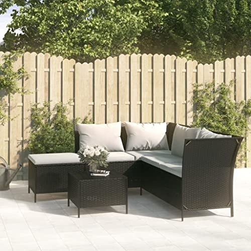 AUVYI Salon de jardin 4 pièces avec coussins, noir, 110 x 58 x 72 cm, coussin de dossier, canapé, chaise longue, banc d'angle, fauteuil de balcon, table basse, groupe de salle à manger