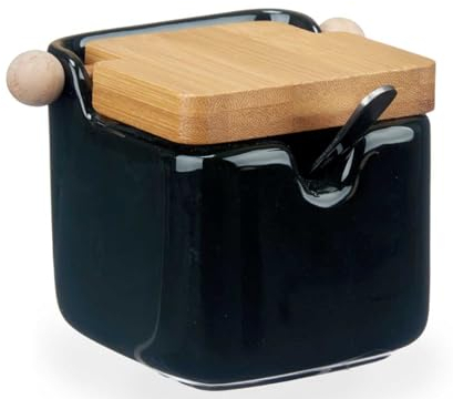 Vessia - Sucrier en céramique avec couvercle en bois de bambou et cuillère à sucre, récipient à sucre, dimensions 10 x 8 x 8 cm, pot à sucre, noir
