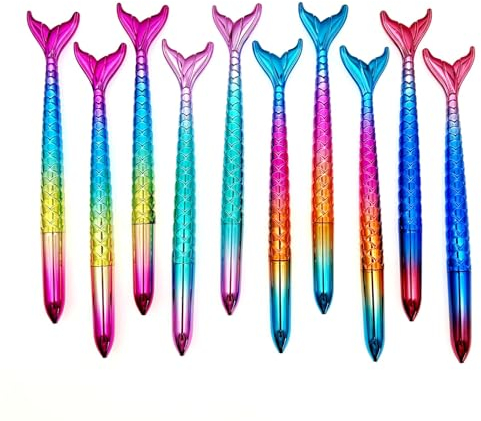 JZK 10x Bolígrafos de sirena, bolígrafos creativos con punta degradada, bolígrafo de tinta azul para fiestas de cumpleaños de niñas y mujeres, decoraciones para fiestas con temática princesa sirena