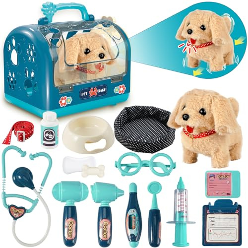 STAY GENT 17Pcs Kit Veterinaire Enfant avec Chien Peluche, Cage & Stéthoscope, Électrique Interactif Chien avec Laisse Marche et Aboie, Malette Docteur Rôle Cadeaux pour Enfant de 3 à 8 Ans