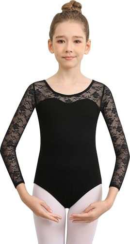 DANSHOW Maillot de ballet con encaje para niña, manga larga, body de baile para niñas, ropa de baile de gimnasia para niños pequeños, Negro Manga Larga, 6-8 años