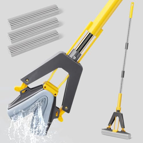 Myiosus Sponge Mop, PVA Sponge Mops for Floor Cleaning with Stainless Steel Handle and 3 Super Absorbent Foam Head, Hands Free Squeeze Mops for Hardwood Laminate Tile Floors