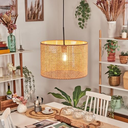 Lámpara de techo HOFSTEIN Barcos, metal/ratán/tejido vienés/tela en negro/natural/marrón, diseño retro/vintage, E27, máx. 155 cm, comedor, salón, cocina, pasillo