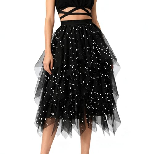 Montrestar Jupes en tulle pour femme, jupe taille haute A-ligne, jupe bouffante superposée haut-bas, jupe en tulle irrégulière élégante longue pour l'été, jupe en maille multicouche pour bal de promo