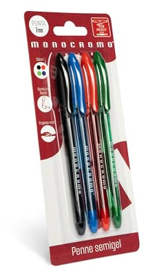 Pigna, Penna con inchiostro Semi-Gel, linea Monocromo, Scrittura Fluida, Set di 4 Pezzi (nero,blu,rosso,verde), Design Elegante, Ideale per Scuola e Ufficio