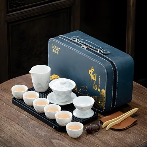 ICHAG 14-Piece Chinese Gongfu Tea Set, Yangzhi Jade Porcelain Gaiwan Tea Set with Anti-Mold Resin Tray & Color-Changing Tea Pet, Portable Travel Kit for Home, Office, Camping, Gift for Tea Lovers