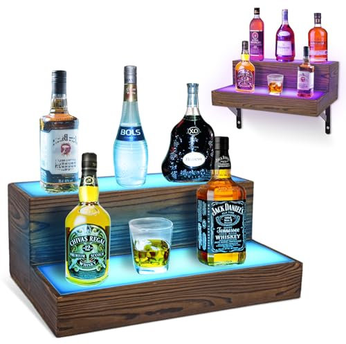 Wine Rack with LED Light Liquor Bottle Display Shelf Wall Mounted 2 Tier Acrylic Illuminated Bar Bottle Display Floating Shelf for Home Commercial Bar Party Supports USB