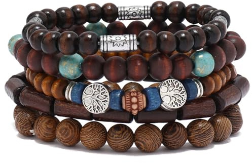 5PCS Boho Wooden Beaded Bracelets for Women and Men, Multi-layer Adjustable Handmade Bead Mala Bracelet Set with Tree of Life Design, Brown Blue Retro Style Elastic Wristband Jewelry Gifts（#B）