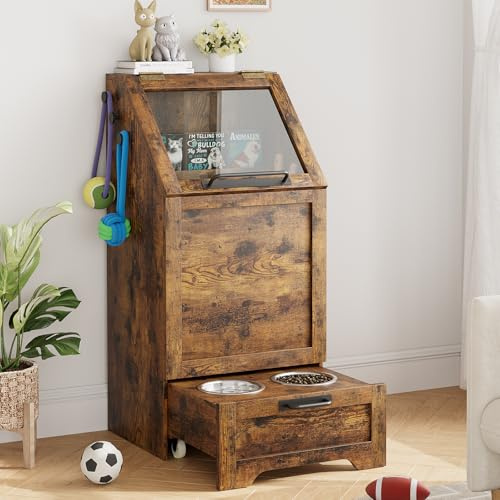Aptliton Dog Food Storage Cabinet with Hook, Dog Feeding Station with 2 Elevated Bowls, Flip Top Pet Feeding Station, Food Storage Container, Wood Pet Toy Organizer