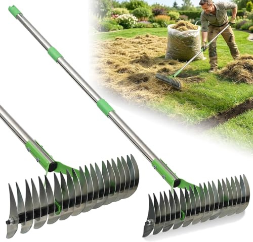 Thatch Rake for Lawn Care - 2-in-1 Manual Lawn Dethatcher & Scarifier Rake for Dead Grass,Moss Removal,Heavy Duty Thatching Dethatching Tool, 50'' Metal Adjustable Handle for Garden Yard Lawn