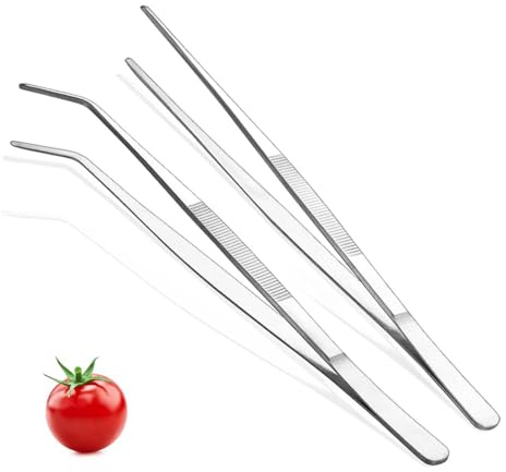 Kitchen Tweezers Tongs 2pcs, 12 Extra-Long Stainless Steel Heavy Duty Cooking Tweezers Straight/Curved with Precision Serrated Tip for Chef, Serving Food, Grill, Culinary, Pasta, Salad, BBQ (Silvery)