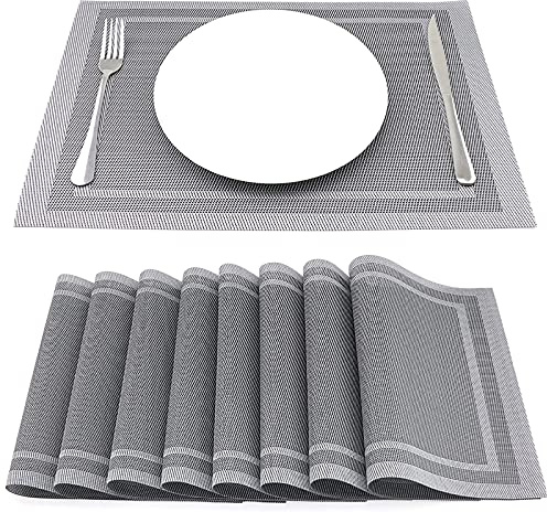 SueH Design Gewebte Platzsets Tischsets 8er Set Vinyl Hitzebeständig Platzdeckchen Antifouling und Waschbar 45 cm * 30 cm, Grau und Silber