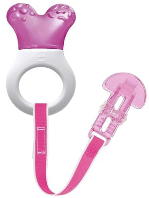 MAM Mini Cooler & Clip | Teething Toy with Water-Filled Cooling Element | Suitable from 2+ Months | Relief for Painful and Sensitive Gums | Easy-to-Hold Handle | Pink