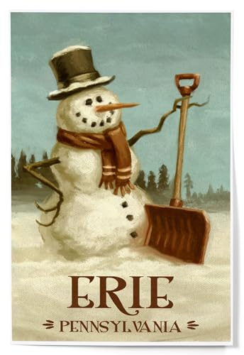 Lantern Press 12x18 Inch Art Print, Home Decor, Erie, Pennsylvania, Snowman, Christmas Oil Painting