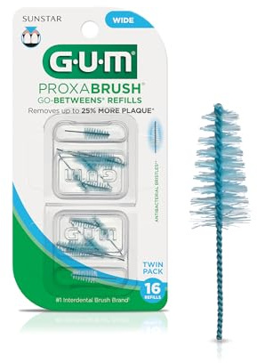 GUM Proxabrush Go-Betweens Refills - Wide - Compatible with GUM Permanent Handle - Reusable Interdental Brushes - Soft Bristled Dental Picks, 16 Count