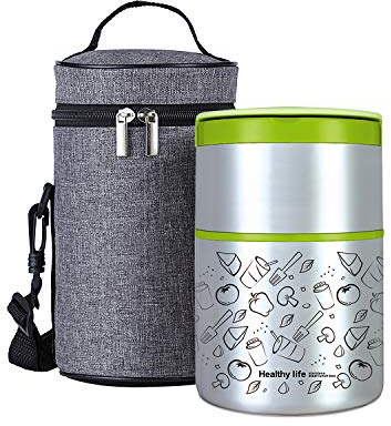 Lille Home Insulated Food Flask, 950ml Vacuum Insulated Stackable Stainless Steel Thermal Lunch/Snack box, 2 Tier Bento/Food Container with Lunch bag (Green)