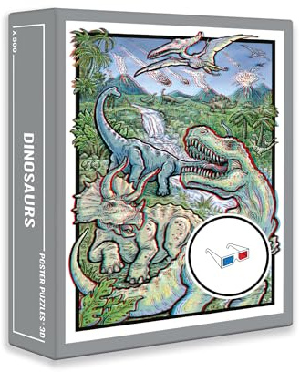 Dinosaurs - Rompecabezas 3D para adultos con un divertido tema de dinosaurios retro (500 piezas). Incluye dos pares de fantásticos anteojos 3D.