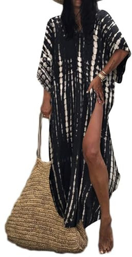 Bsubseach Damen Strandkleid Boho Strandponcho Plus Größe Kaftan Sommerkleid Maxikleid Lose Maxi Kimono Kaftan Schwarz