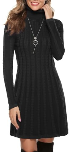Gyabnw Vestito Casual Donna Invernale in Maglione Abito Vita Alta Elegante Collo Alto di Orlo Svasato Abito Linea A in Maglia al Ginocchio Caldo di Moda Treccia Ritorta, Nero, M