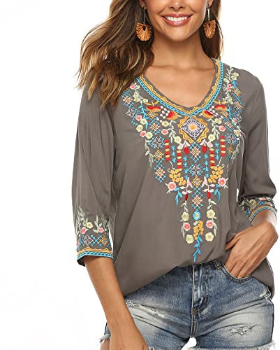Seasonal Damen Stickerei Bluse Bohemian Herbst Tunika Bestickte Folklore Blusen Hippie Blumenmuster Oberteil 3/4 Arm Lose Tops (Medium, 054-Grau)