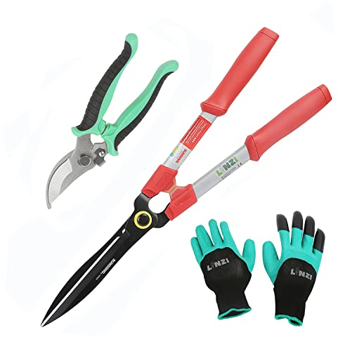 LINZI Cisailles à Haies 600mm + Sécateur Ciseaux Jardin 190mm avec Lame en Bypass + Gants de Jardin, Kit de Cisailles de Jardin pour Branches, Plantas Haies